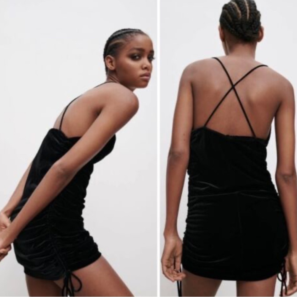 NWOT Zara Draped Black Velvet Mini Dress Sz XS - Picture 5 of 7